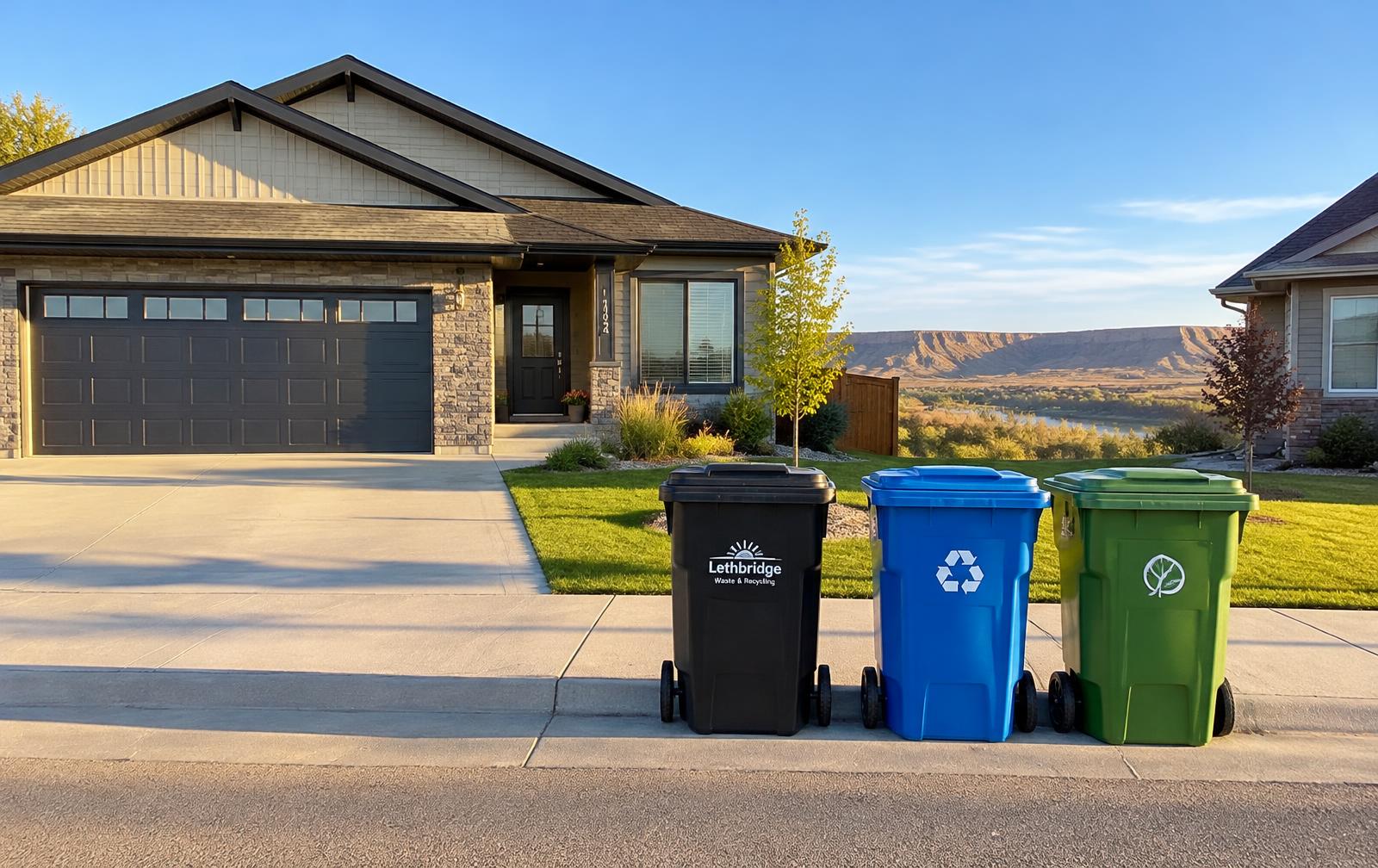 Neat garbage, recycling and organics carts at a Lethbridge curb